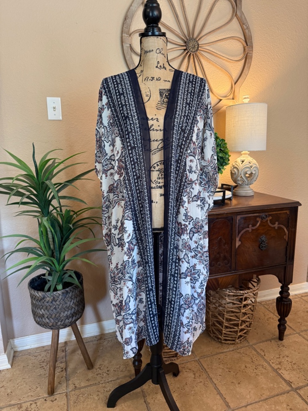 Lane Bryant Cream and Navy Paisley Print Duster